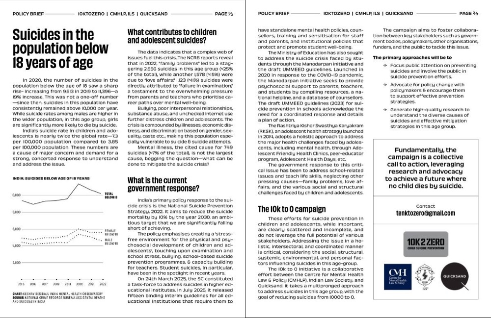 Pages from the policy brief on suicides in the population below 18 years of age